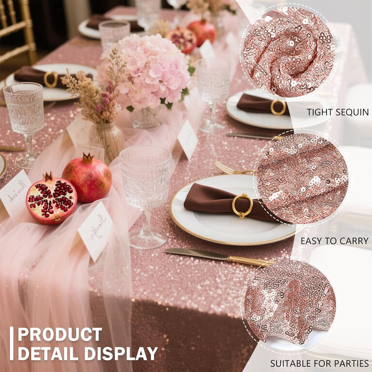 OQSQ Rosegold Sequin Tablecloth 50x80 inch, Glitter Drape Table Cloth, Sparkle Sequence Table
