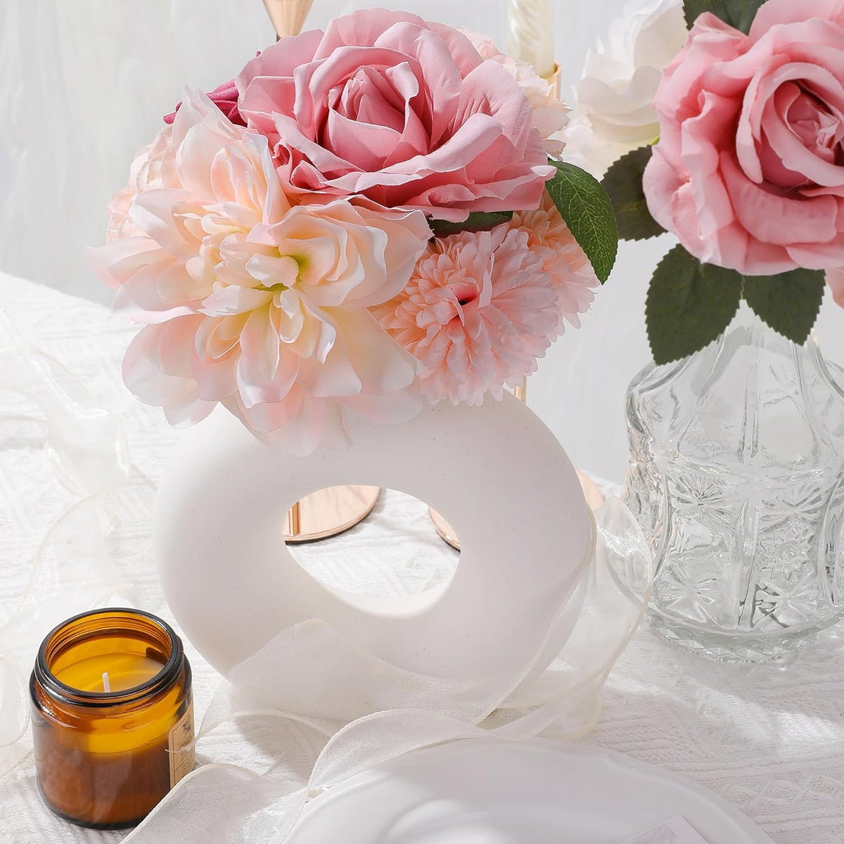 AGIRL Rose Artificial Flowers Combo Fake Flowers Pink Roses Silk Flowers with Stems for DIY Bridal