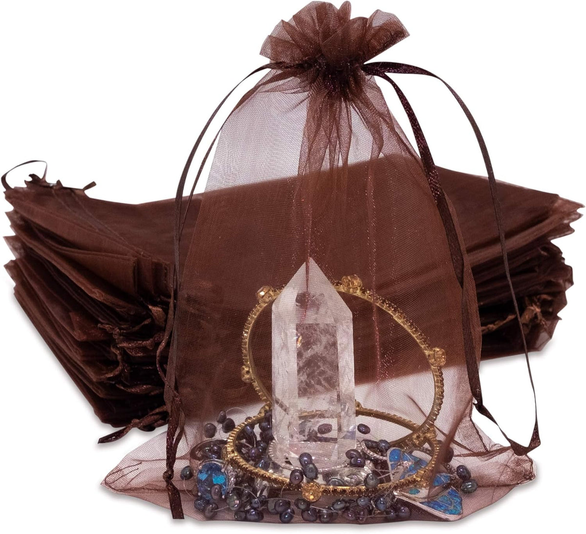TheDisplayGuys 48-Pack 6x8 Brown Sheer Organza Gift Bags with Drawstring, Jewelry Candy Treat