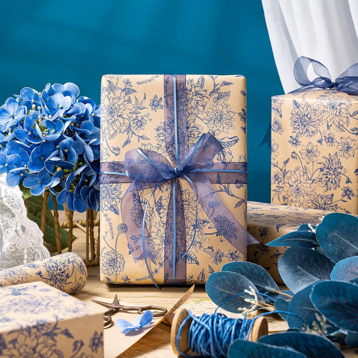 WRAPAHOLIC Kraft Blue Floral Wrapping Paper - Mini Roll - 17 Inch x 16.5 Feet - Vintage Blue Toile
