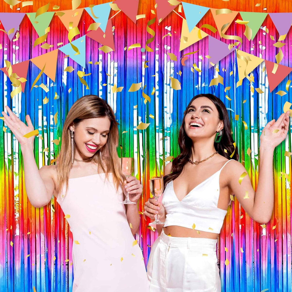6 Pack Dark Rainbow Foil Fringe Curtains Backdrop, 3.28 x 8.2 Ft Metallic Streamers Tinsel Curtains