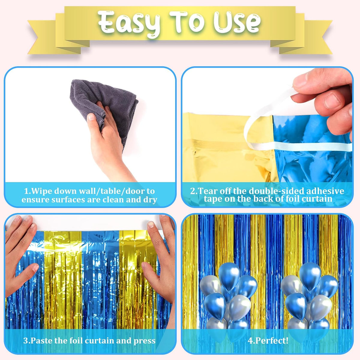 2 Pack Blue Gold Foil Fringe Backdrop Curtains, Graduation Tinsel Streamers Party Decorations