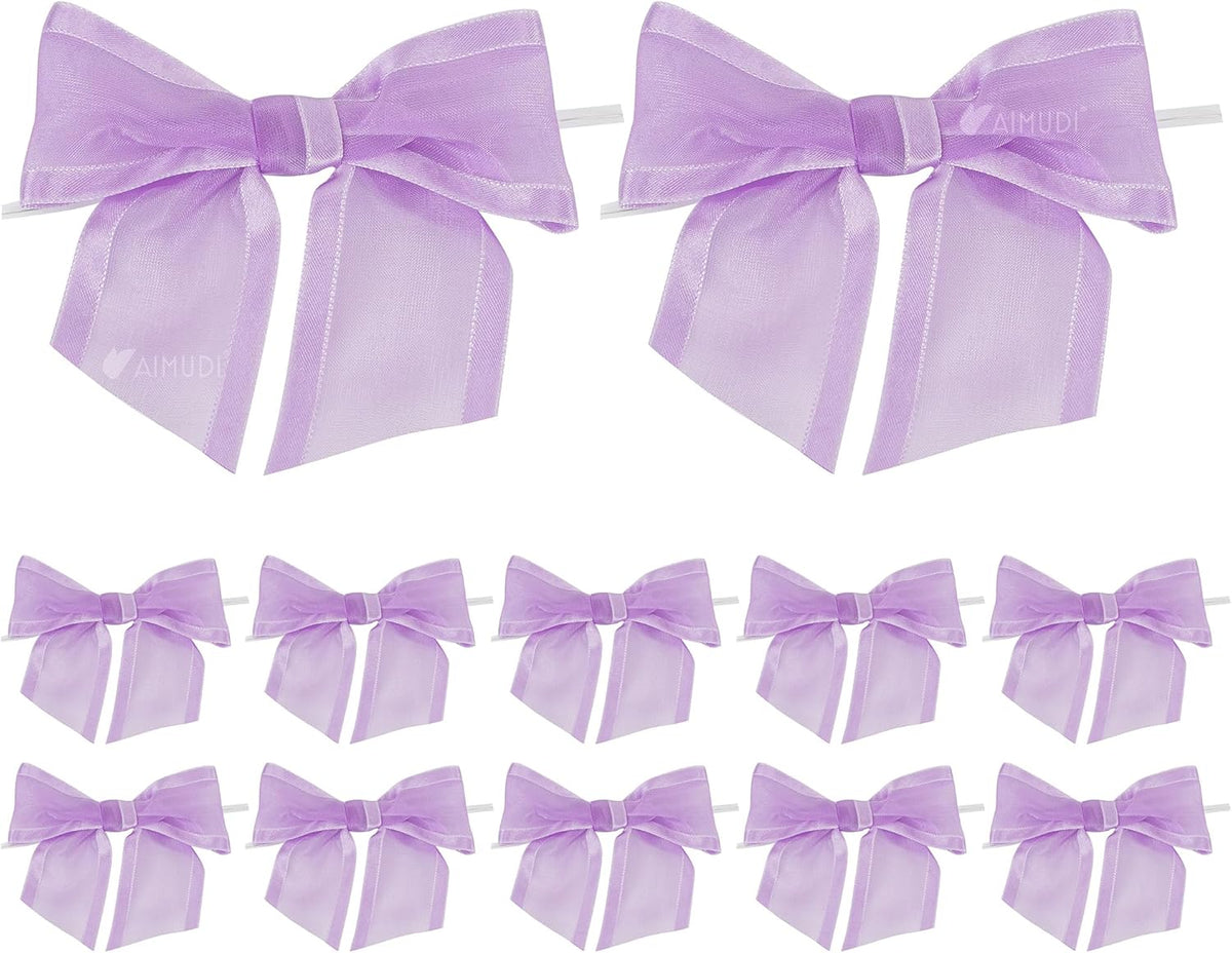 AIMUDI Purple Bows for Crafts 4" Lavender Bows with Twist Ties Premade Lilac Bows Pre Tied Organza