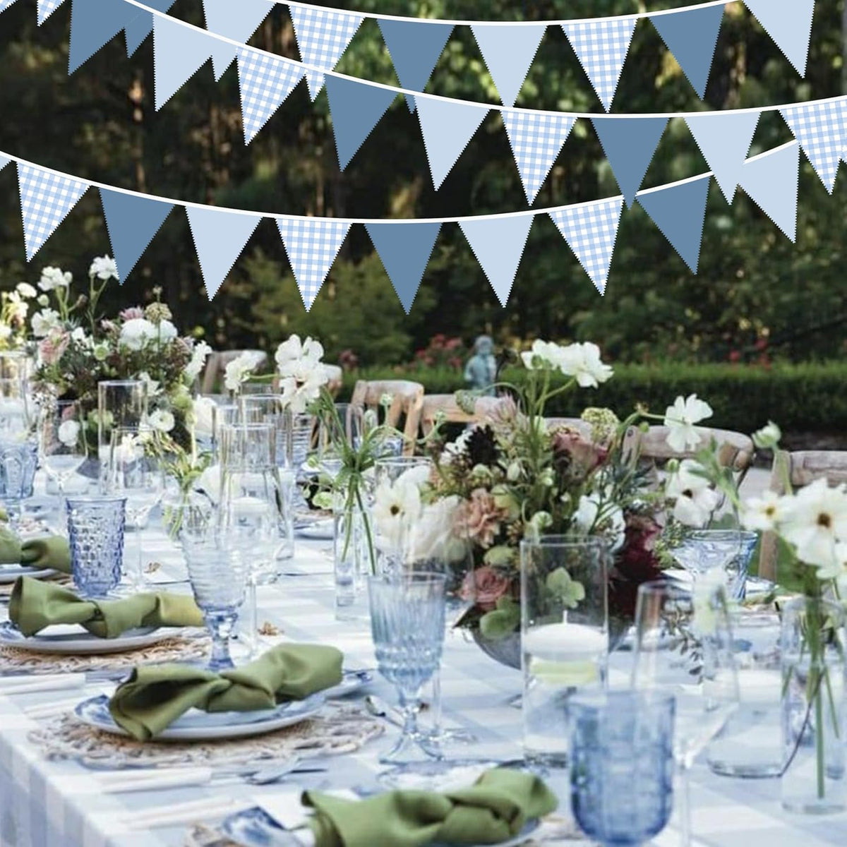 32Ft Dusty Blue Party Decorations Retro Blue Gingham Triangle Banner Flag Pennant Fabric Garland