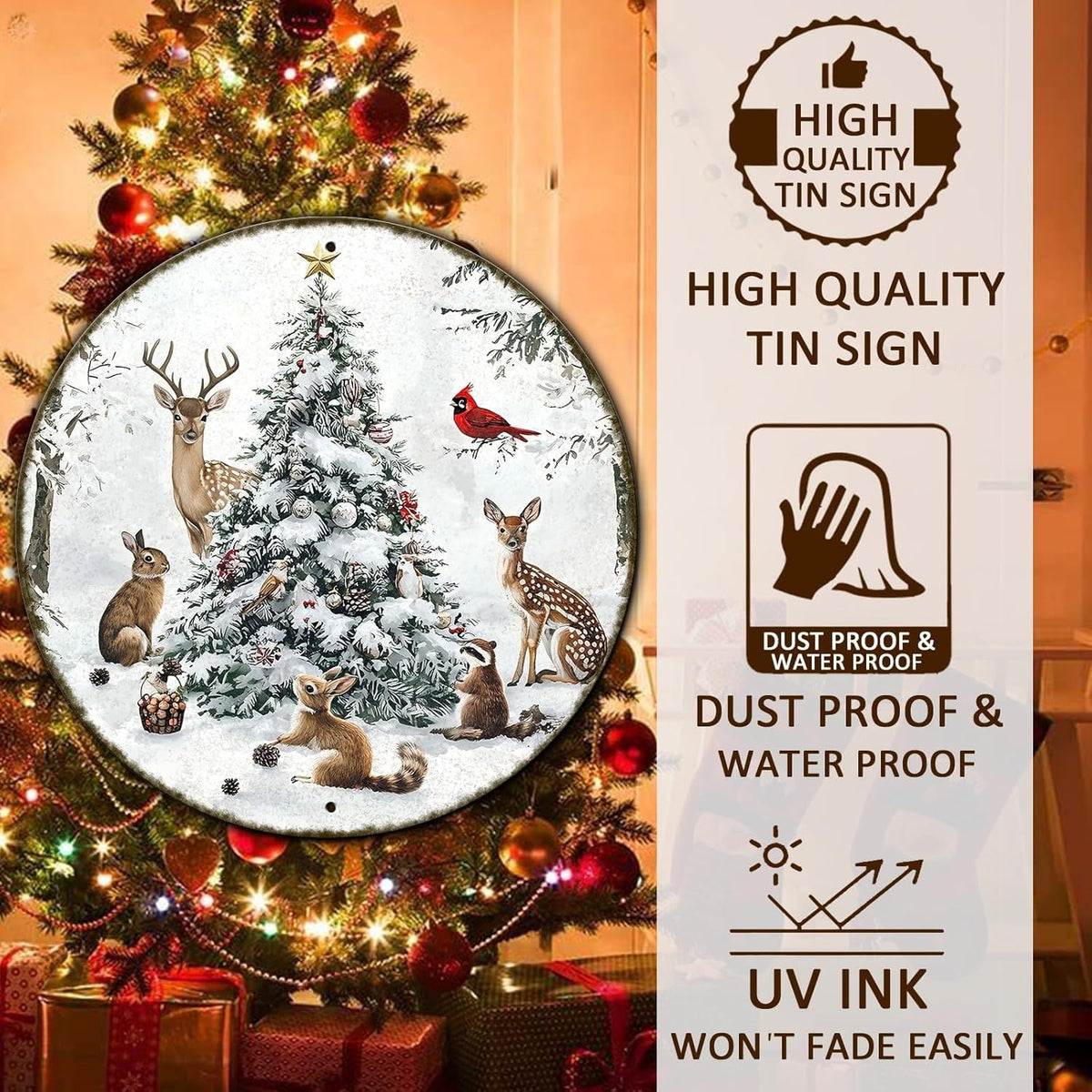 Round Christmas Snow Animals Metal Tin Sign - Vintage Christmas Tree & Winter Sign for Home &