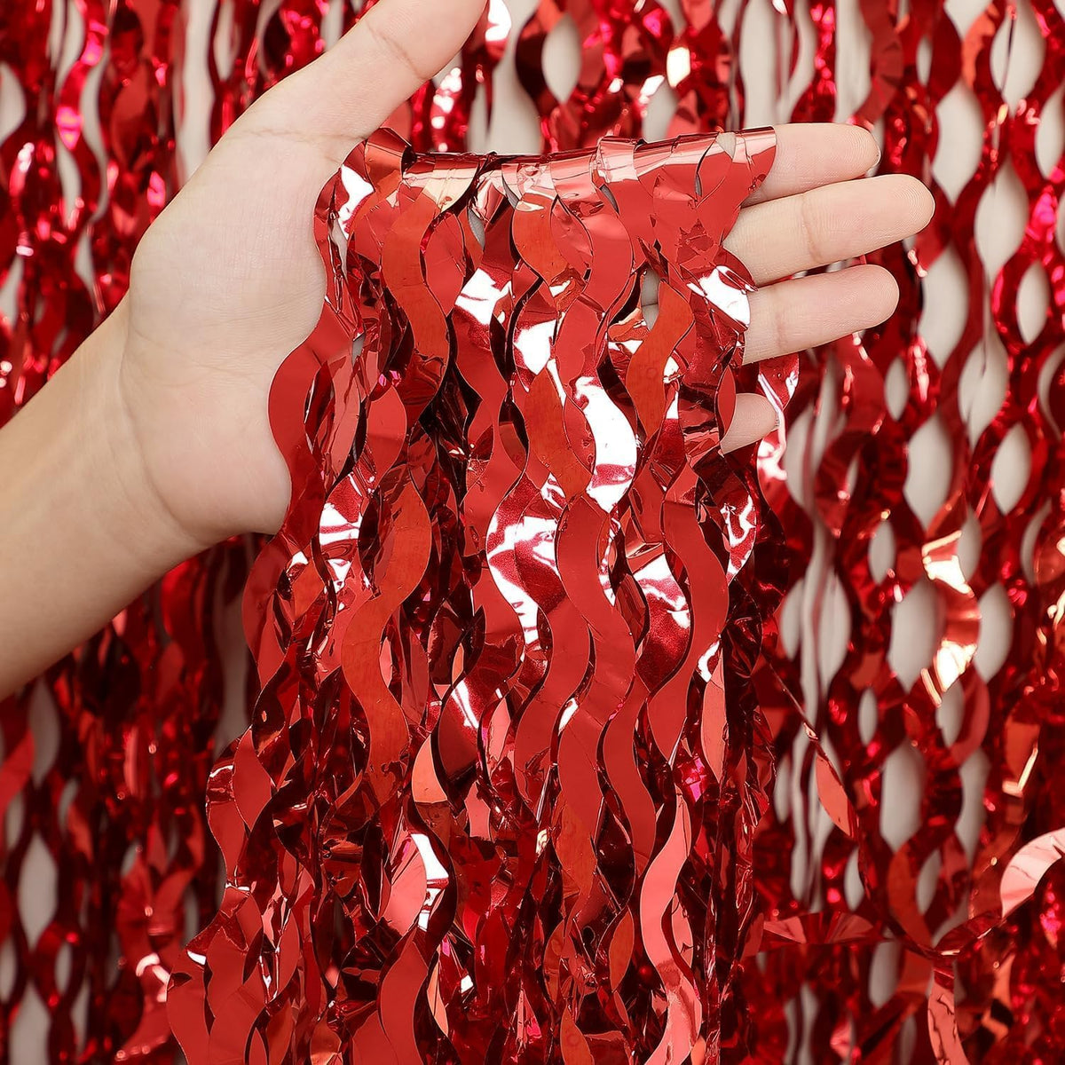 3 Pack Red Aluminium Foil Curtains, 3.3ft x 6.6ft, Wavy Shape, for Party Decorations & Photo