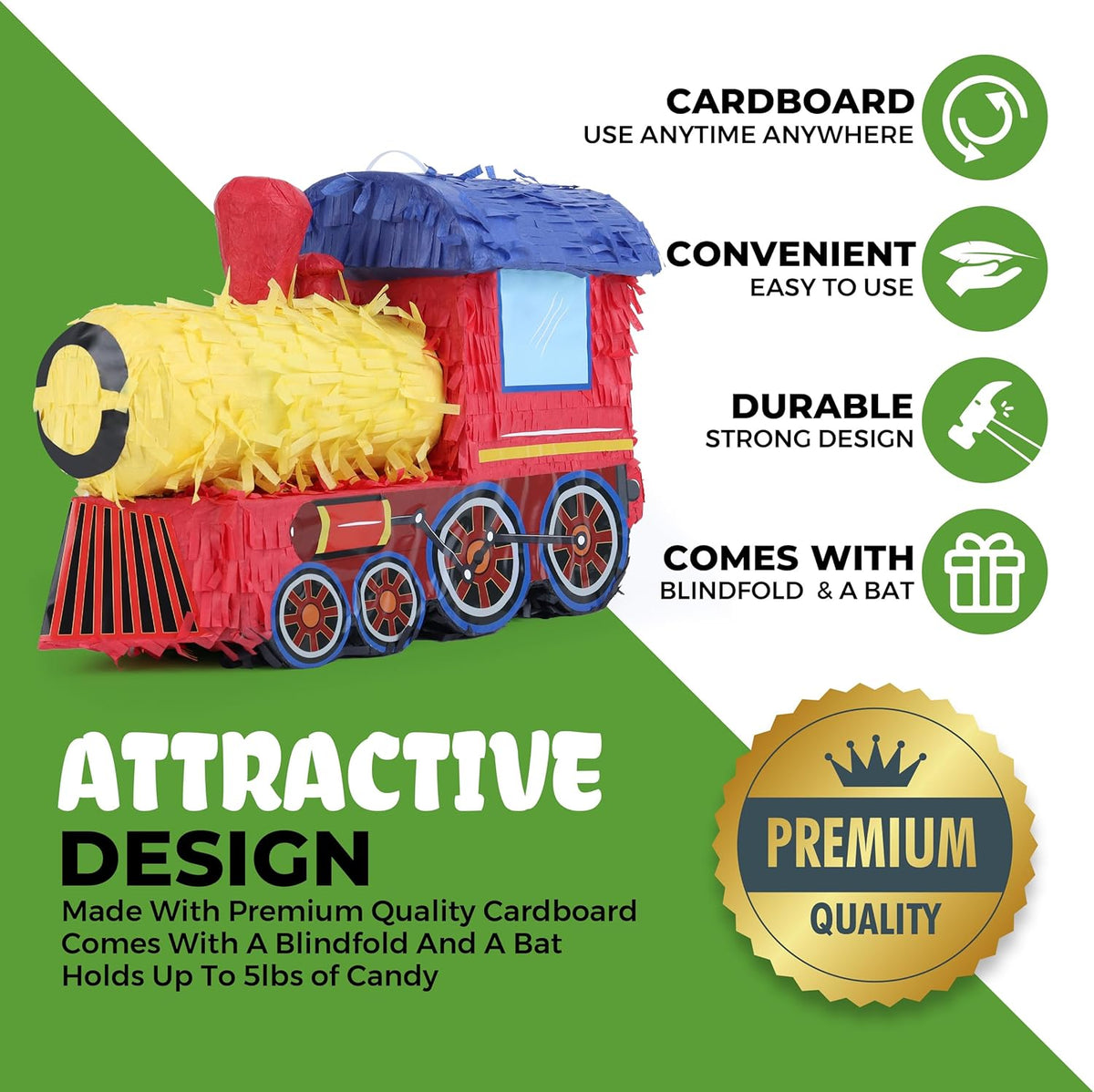 3D Train Pinata Bundle with a Blindfold and Bat (16x10.6x6.7 Inches), Train Pinata for Boys