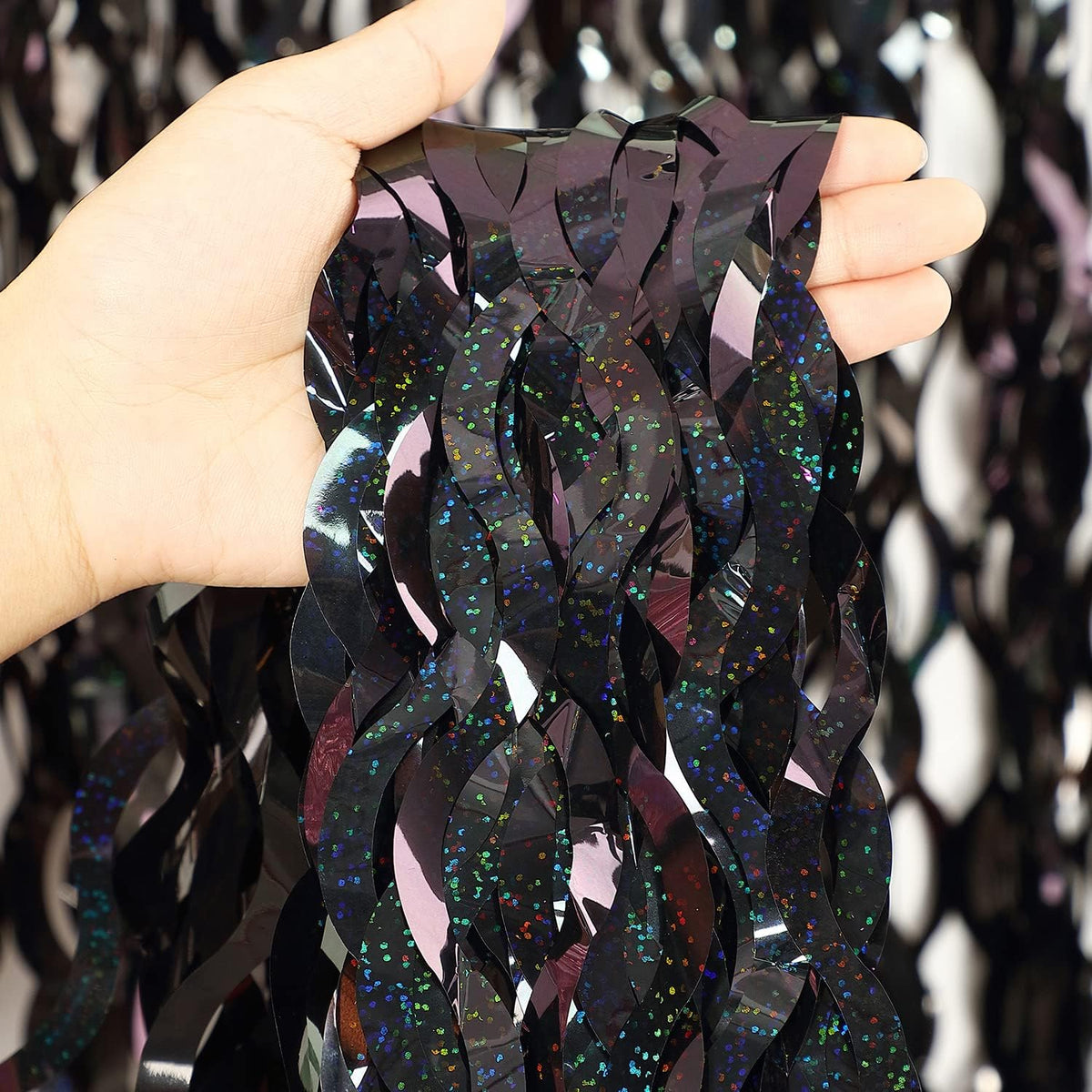 Black Foil Curtain Backdrop, CYLMFC 3 Pack 3.3 ft x 6.6 ft Sparkle Metallic Foil Curtains for Photo