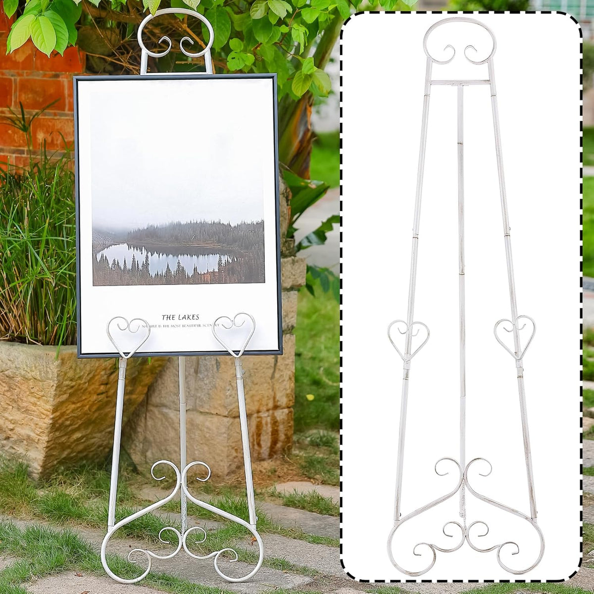Extra Large Free Standing Adjustable Display Stand Easel with Chain Support, Retro White Decorative