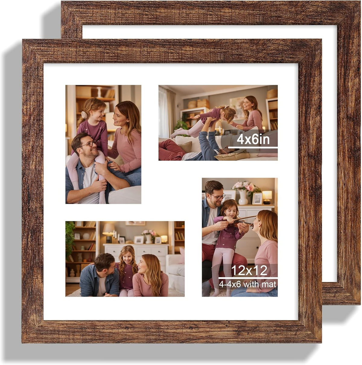 12x12 Picture Frame Set of 2, Rustic Brown Wood Frame with Glass Collage Frame, Display Pictures