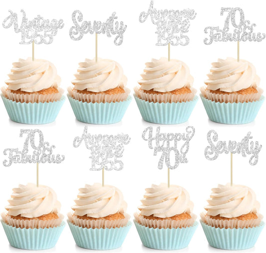 30Pcs Happy 70th Birthday Cupcake Toppers Glitter Seventy Vintage 1955 Cupcake Picks Cheers to 70
