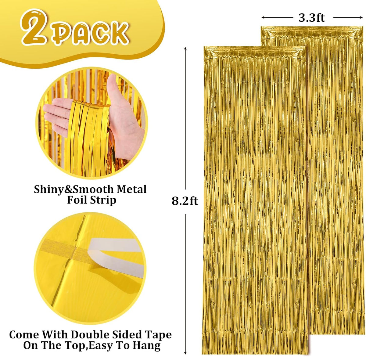 2 Pack Gold Foil Fringe Backdrop Curtains, Tinsel Streamers Birthday Party Decorations, Fringe