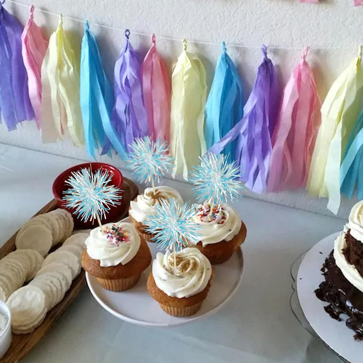 Gyufise 30Pcs Foil Firework Cupcake Toppers Sparkle Tinsel Cake Toppers Tinsel Drink Cake