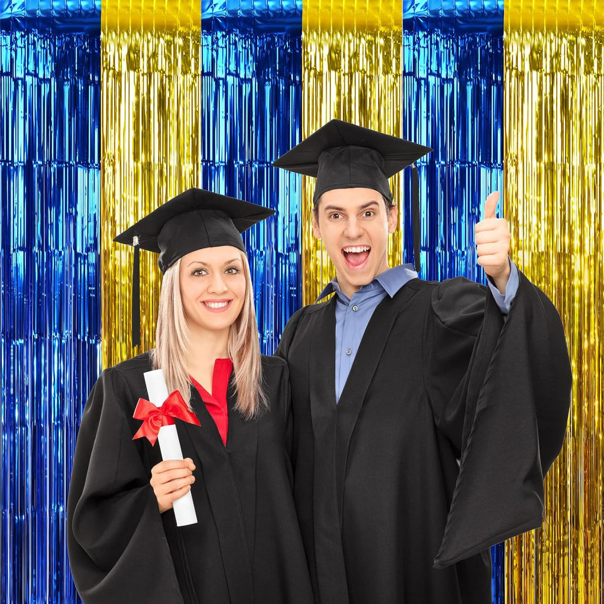3 Pack 3.3Ft x 6.6Ft Graduation Foil Fringe Curtain Backdrop Decorations, Blue Gold Metallic Tinsel