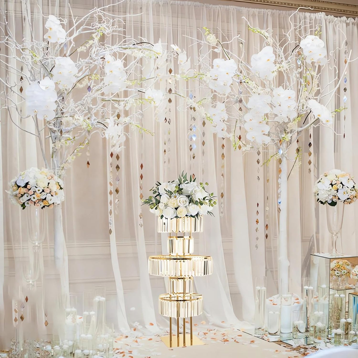 Gold Crystal Vases for Centerpieces, 47.2in Metal Pedestal Stands for Table Chandelier Centerpiece