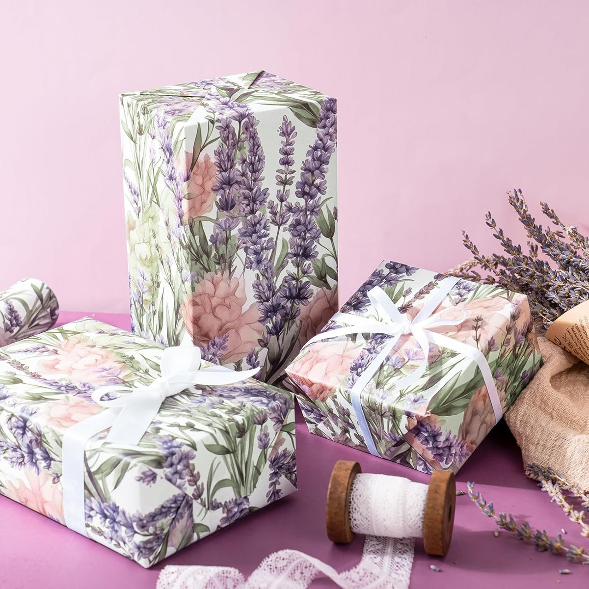 WRAPAHOLIC Floral Wrapping Paper Roll - Mini Roll - 17 Inch x 33 Feet - Lavender Flower Wrapping