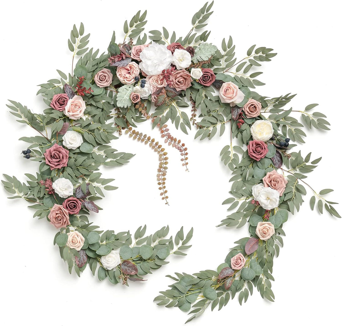 Ling's Moment 9FT Eucalyptus and Willow Leaf Garland with White Flower, Handcrafted Wedding