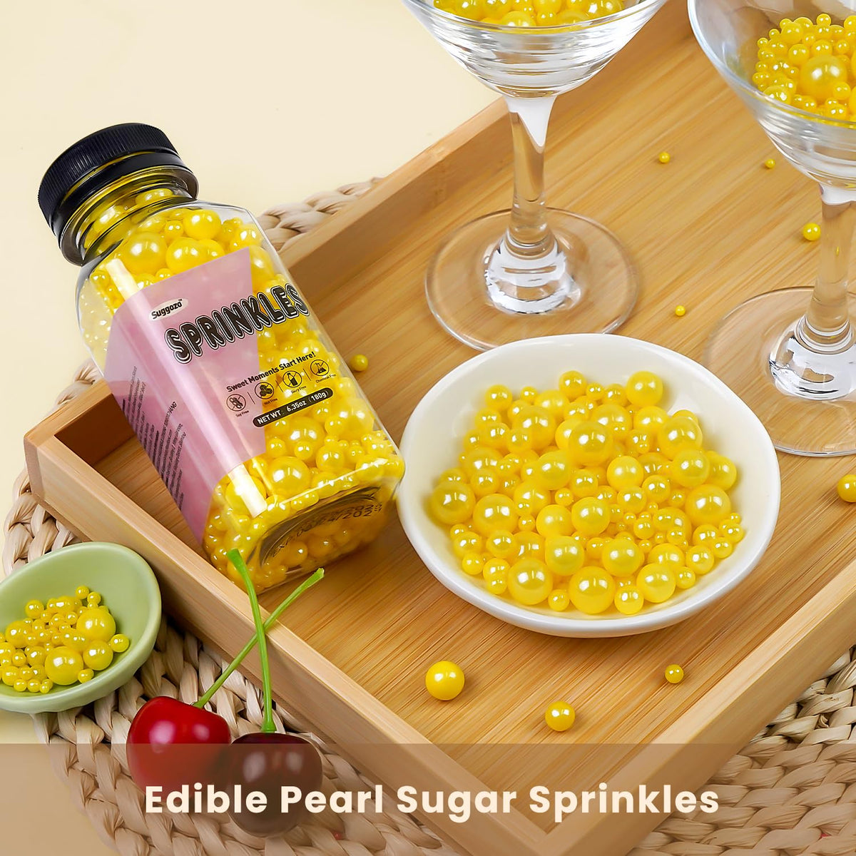 Yellow Pearl Sprinkles, Edible Sugar Pearls for Cake Decorating, 180g/6.35oz, Mix Size, Cake