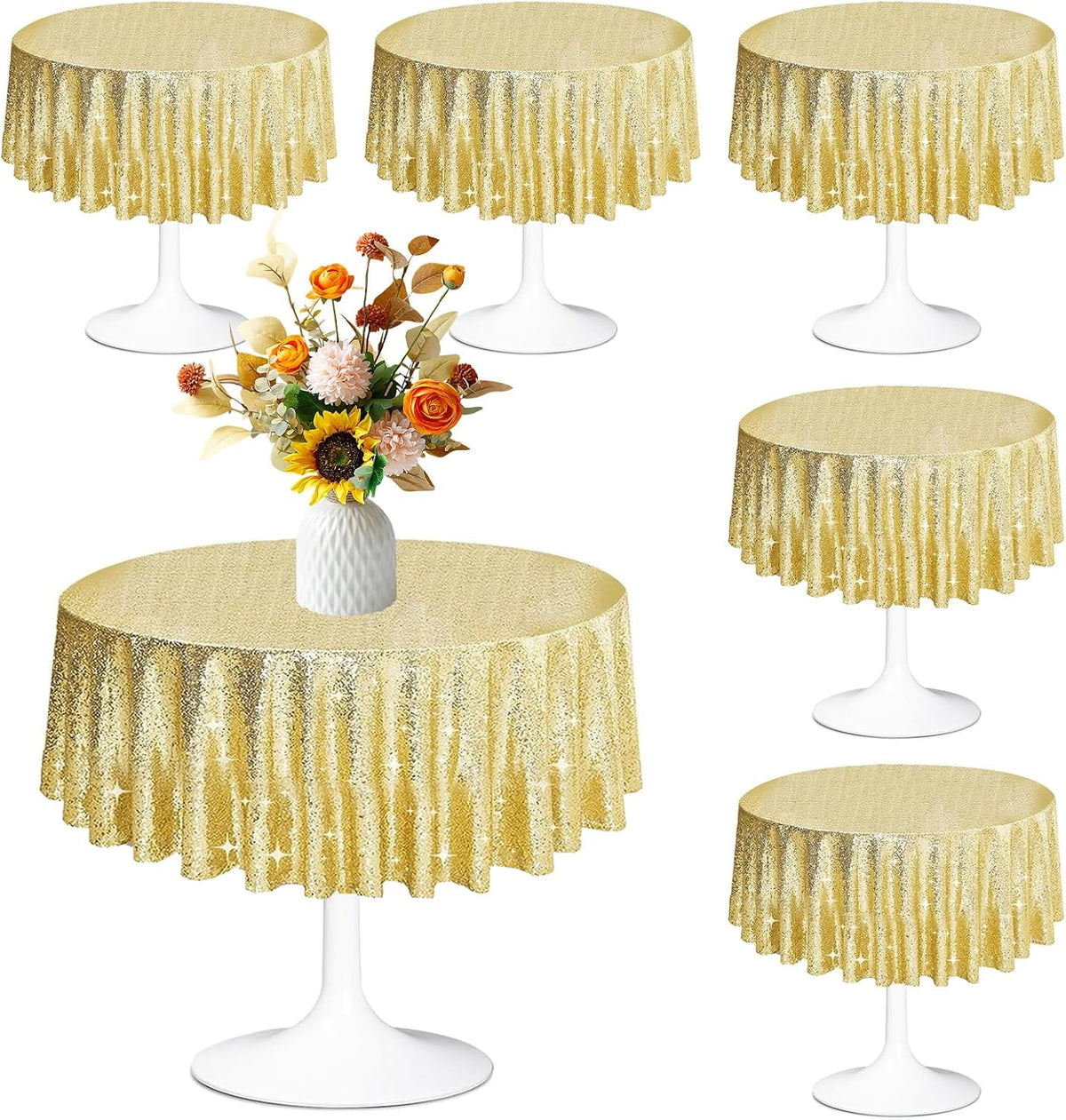 6 Pcs Gold Sequin Tablecloth 50 Inch Gold Round Tablecloth Overlay Round Table Cloth Golden Glitter