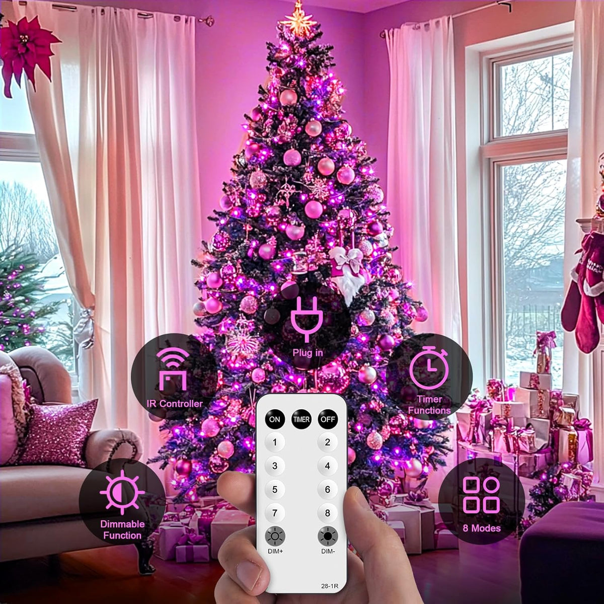 JMEXSUSS 600 LED Pink Christmas Lights for Decorations, 168ft Pink String Fairy Lights Indoor
