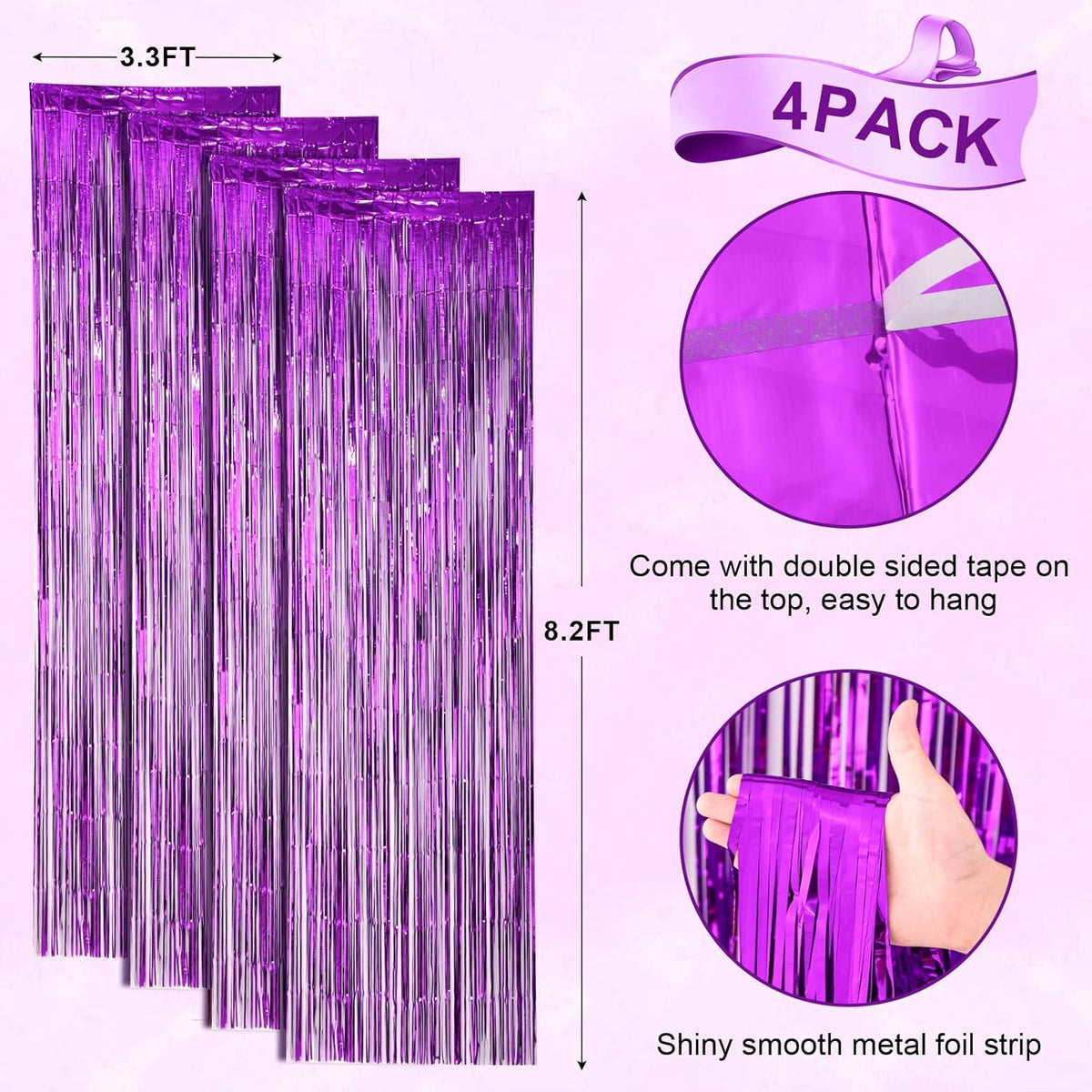 4 Pack Purple Foil Fringe Backdrop Curtains, Tinsel Streamers Birthday Party Decorations, Fringe