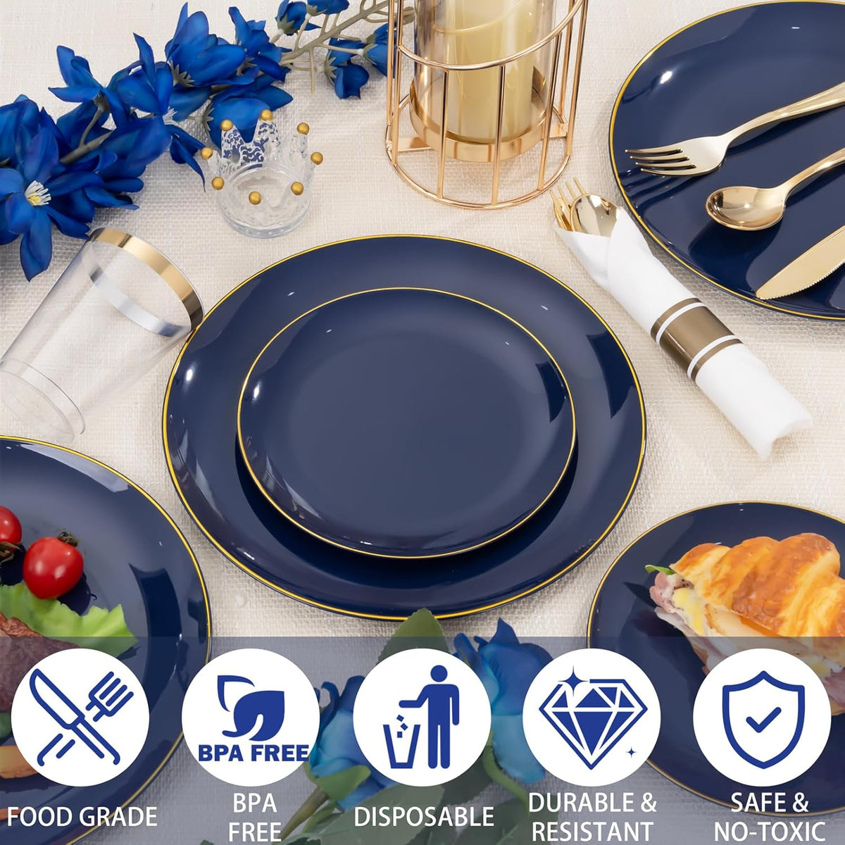 KIRE 350Pcs Blue and Gold Plates -Heavy Duty Navy Blue Dinnerware Set - 100 Plastic Plates 50 Pre