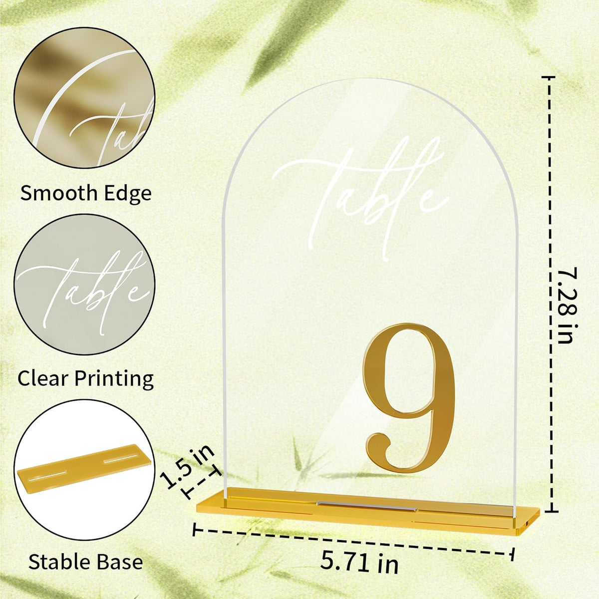 Arch Wedding Table Numbers 1-15 with Stands, Elegant Gold Number 5.5 x 7” Arch Acrylic Signs with