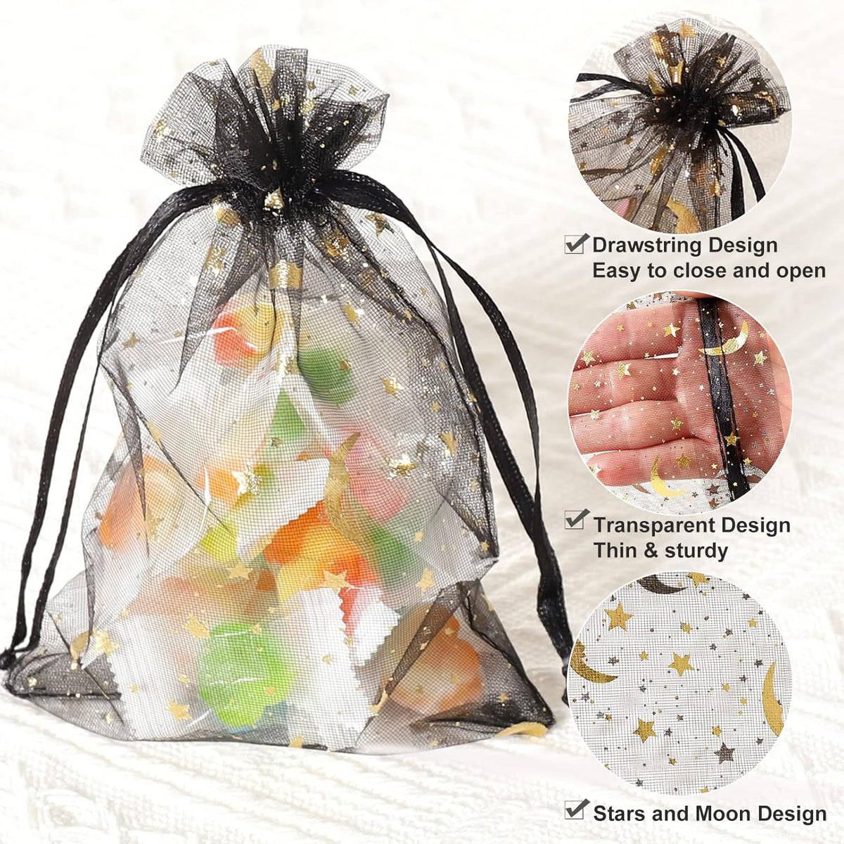 100PCS Moon Star Organza Bags - 4x6" Wedding Favors with Drawstring, Black Organza Gift Pouch for