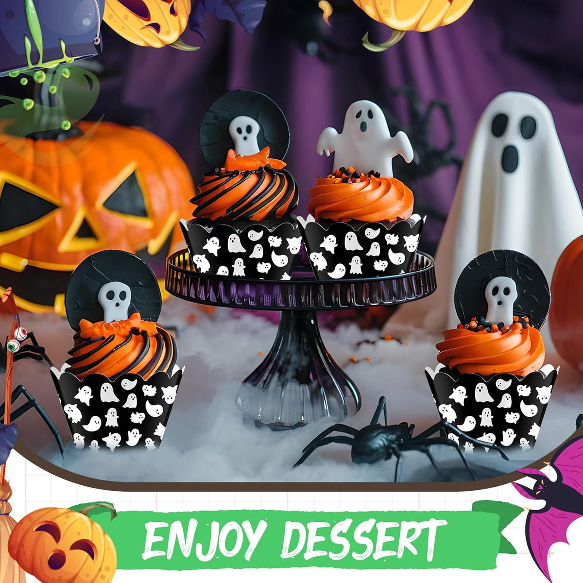 Domensi 100 Pcs Halloween Ghost Cupcake Wrappers Cupcake Liners Ghost Baking Cups Baking Liners for