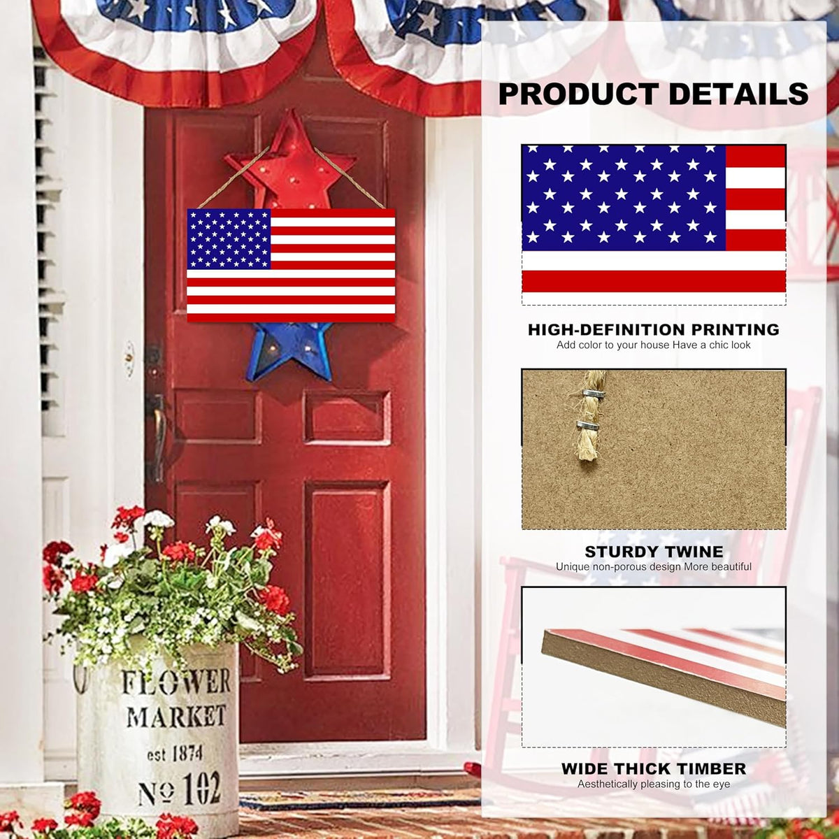 American Flag Door Hanging Sign，Farmhouse Patriotism Artwork Decorations Signs, Framed Indoor