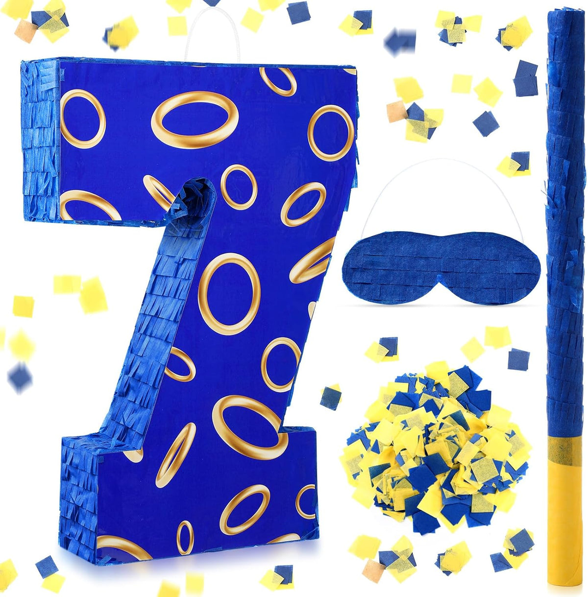 Number 7 Blue and Golden Rings Piñata for Kids Birthday Cartoon Theme Small Piñata with Blindfold
