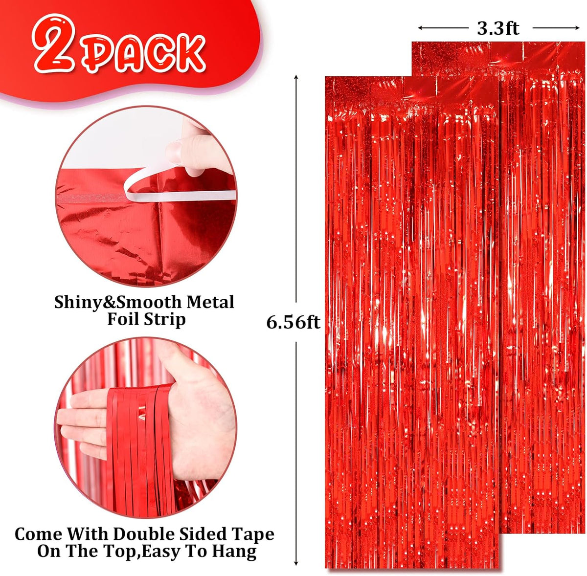 2 Pack Red Tinsel Foil Fringe Curtains, Red Party Decorations, Metallic Tinsel Party Streamers