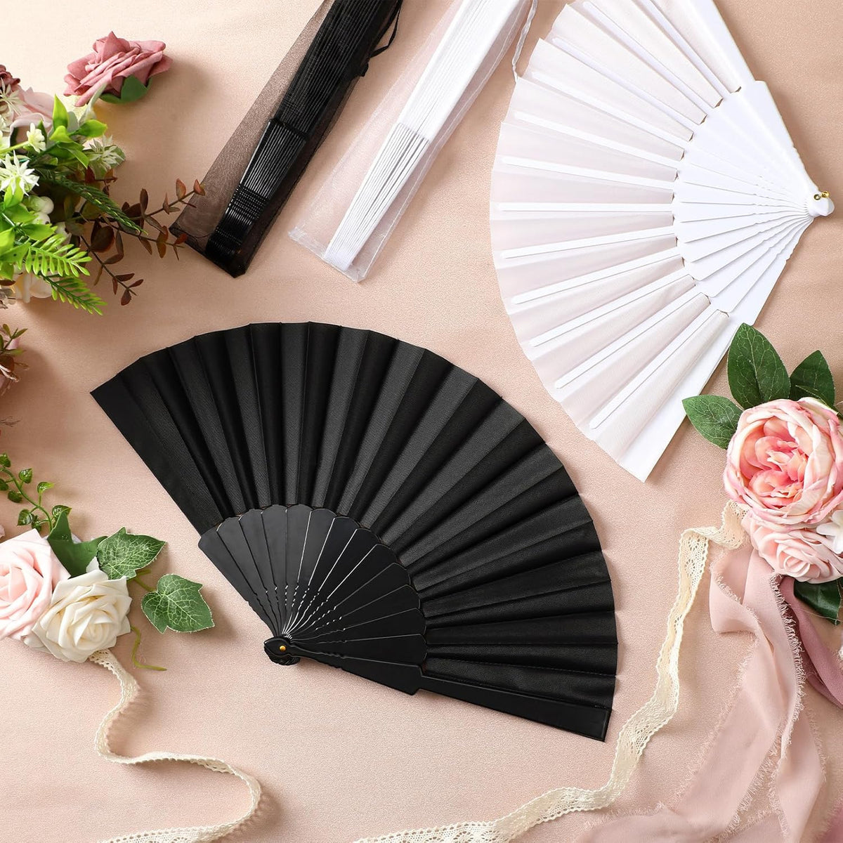 Wenqik 80 Pcs Wedding Folding Hand Fans Bulk Silk Fabric Chinese Handheld Foldable Clack Fans with