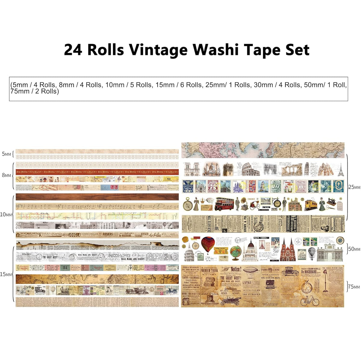 24 Rolls Vintage Washi Tape Set, Antique Car Buildings Map Stamp Stripe Writable Aesthetic Washy