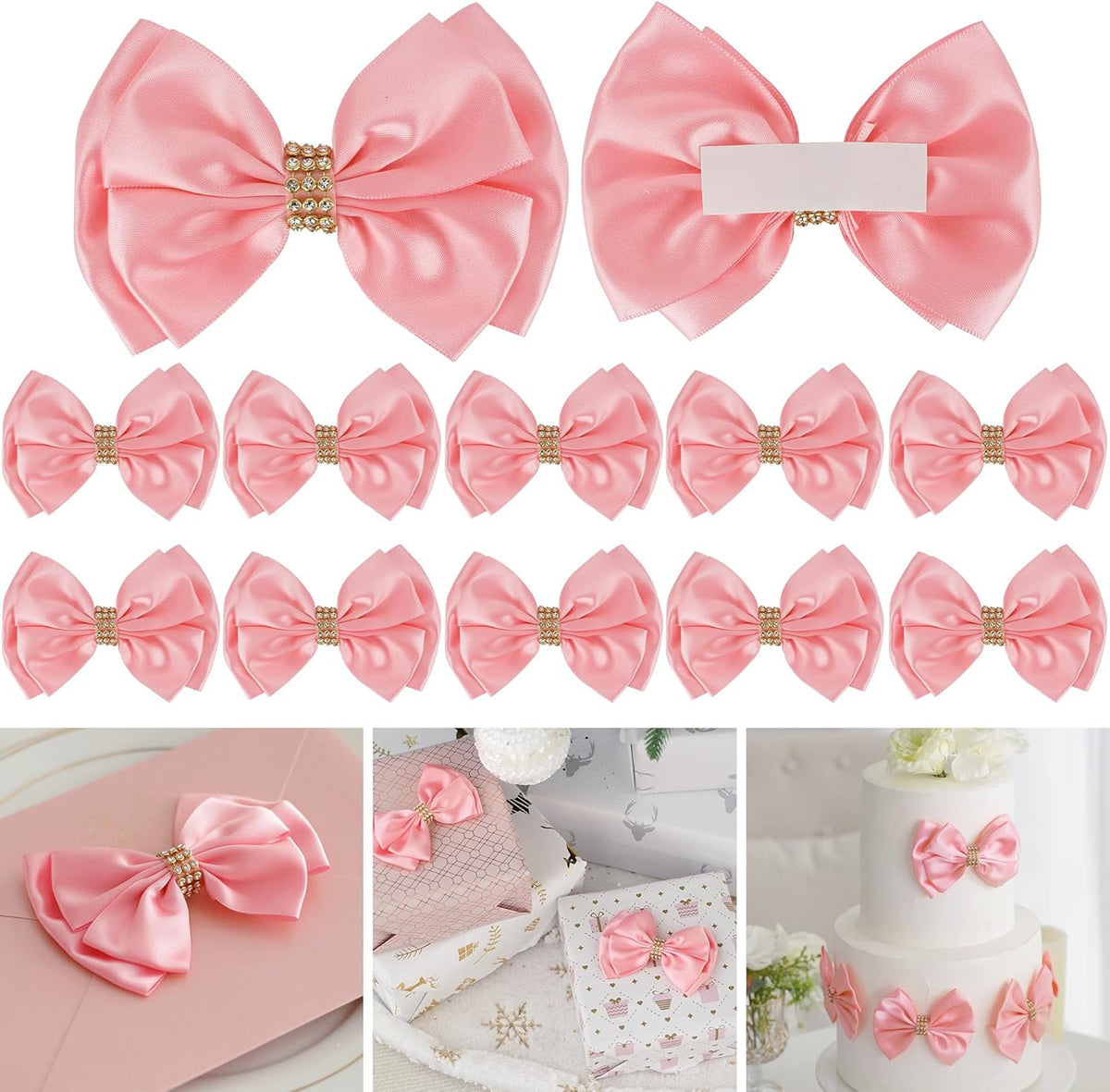 Pink Ribbon Bow 4'' Premade Pink Satin Bow, Gift Bows with Rhinestone, Wrapping Bows for Presents