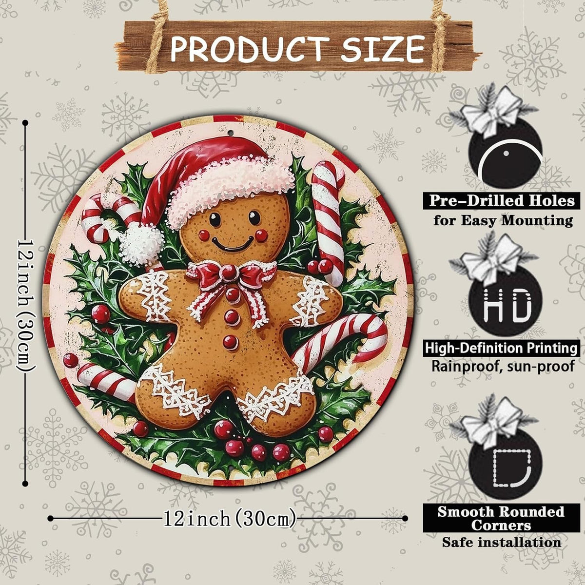 Round Christmas Metal Tin Sign Rustic Wall Decor Gingerbread Man Vintage Tin Sign Candy Canes
