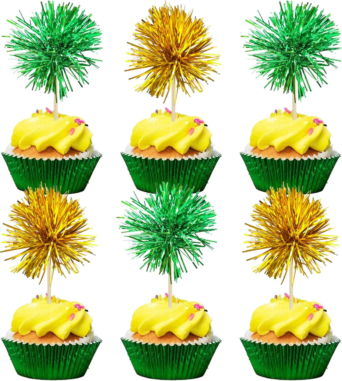 Gyufise 30Pcs Foil Firework Cupcake Toppers Sparkle Tinsel Cake Toppers Tinsel Drink Cake