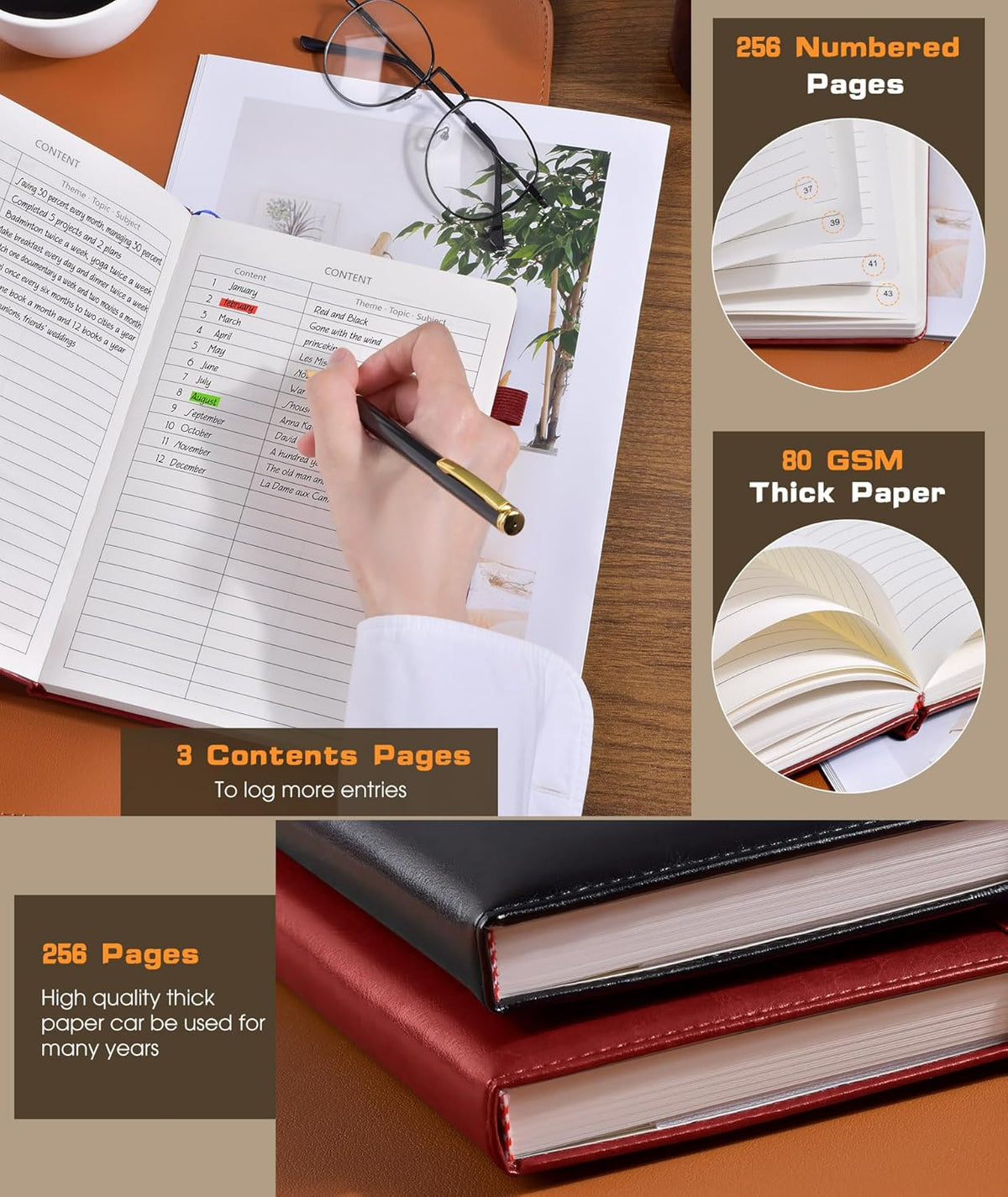 Lined Journal Notebook for Women Men, 256 Numbered Pages Hardcover Leather Journals for Writing, A5