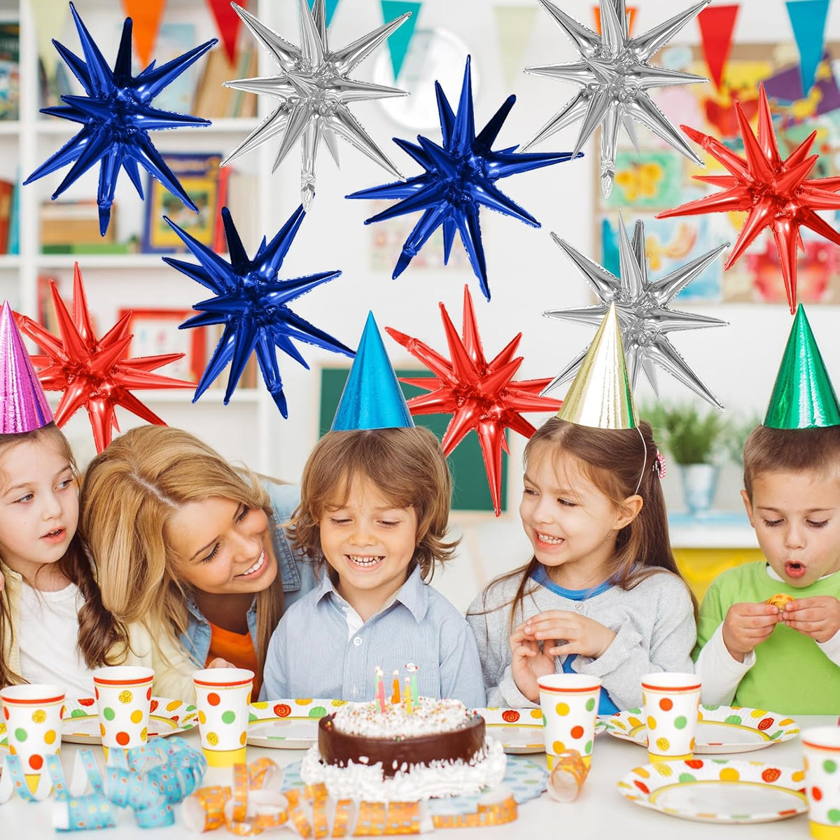 Red Blue Silver Star Balloons,9Pcs 22Inch Blue Red Silver Explosion Spike Cone Helium Polyester