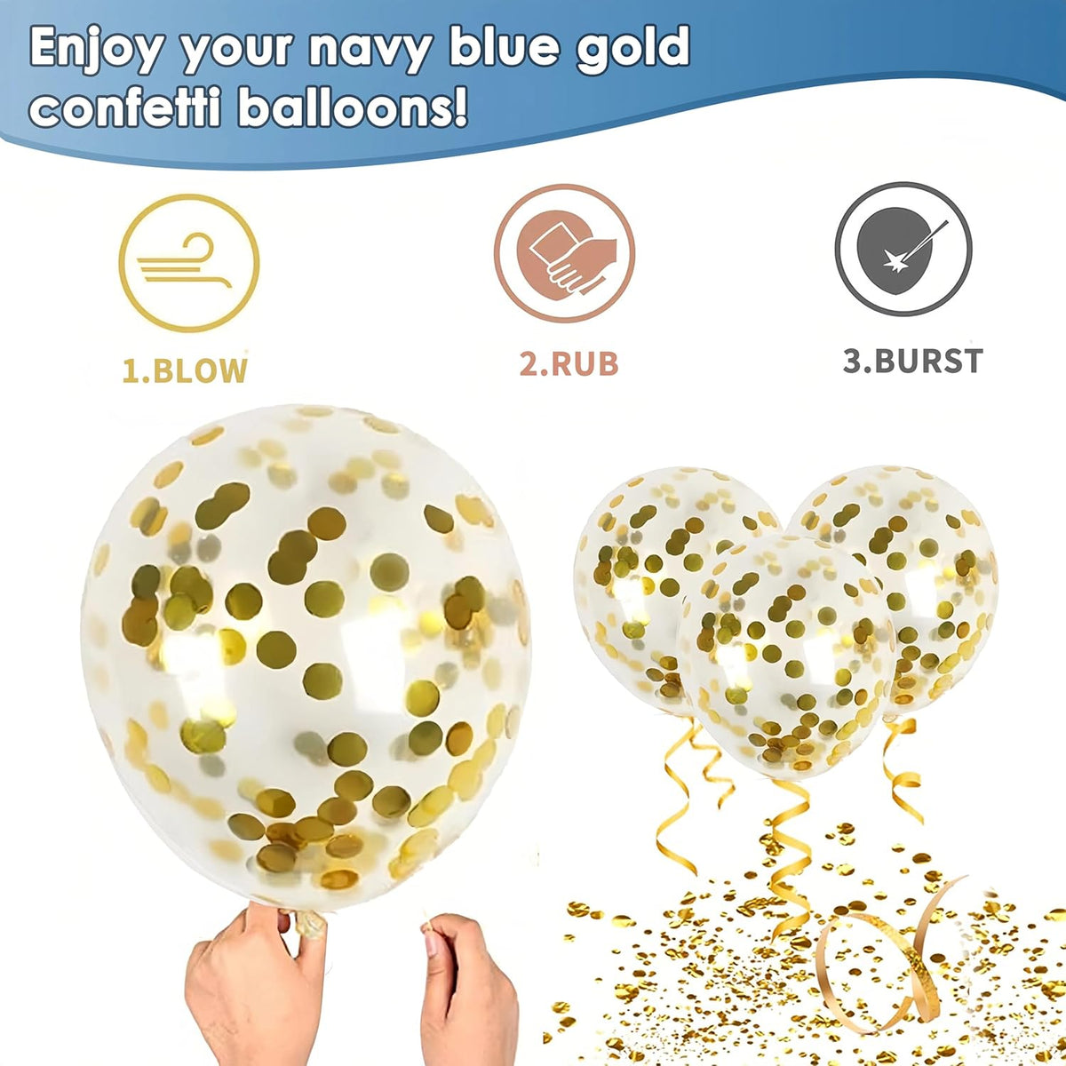 Navy Blue and Gold Confetti Balloons, 50pcs 12 Inch Metallic Blue Latex Confetti Balloons Matte