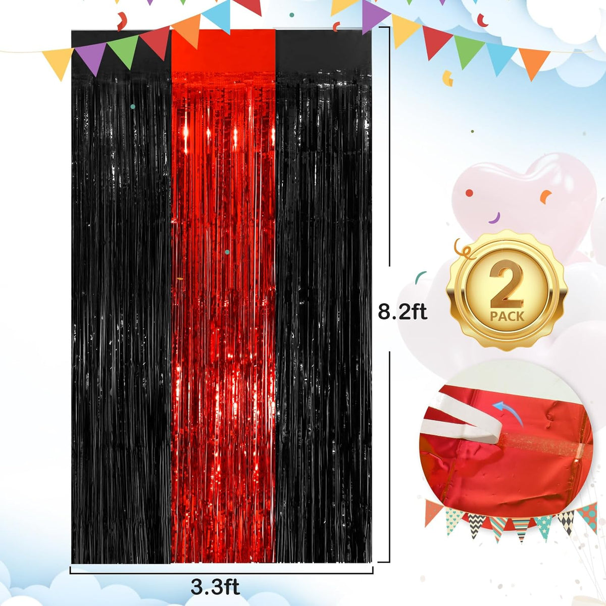 Black Red Fringe Curtain Party Streamers 2Pack 3.3 x 8.3 Ft Foil Fringe Backdrop Curtains for