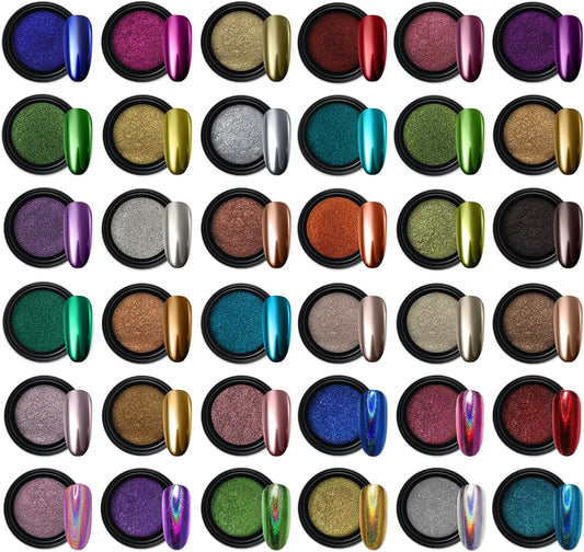 Artdone 36 Jars Chrome Nail Powder Nail Art Fimo Decoration Metallic Mirror Effect Holographic