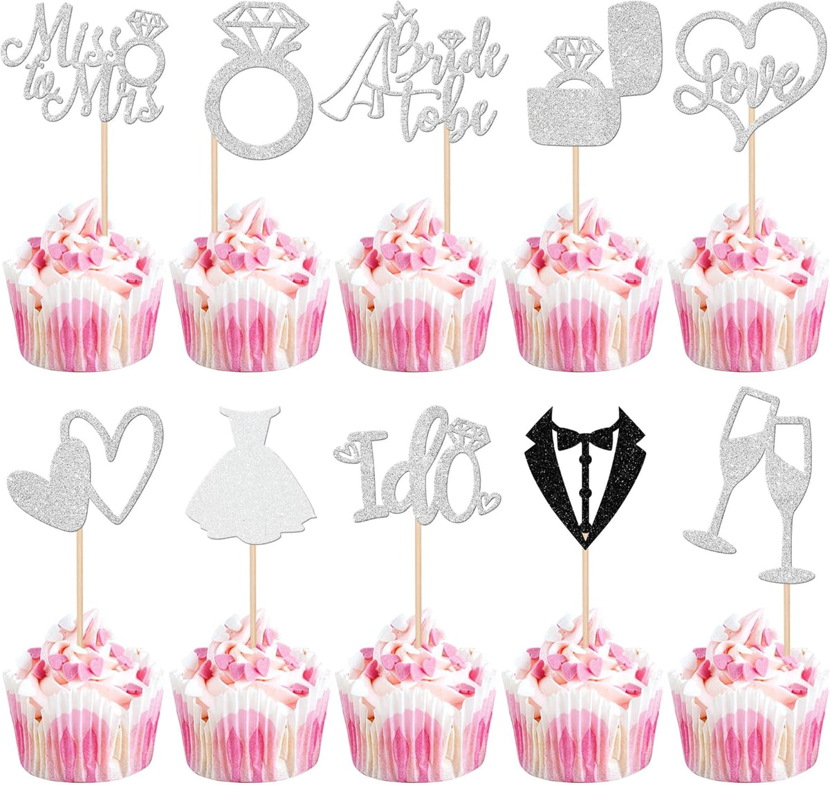 30 PCS Bride to Be Cupcake Toppers Glitter Wedding Cupcake Decorations I Do Love Heart Ring Miss to