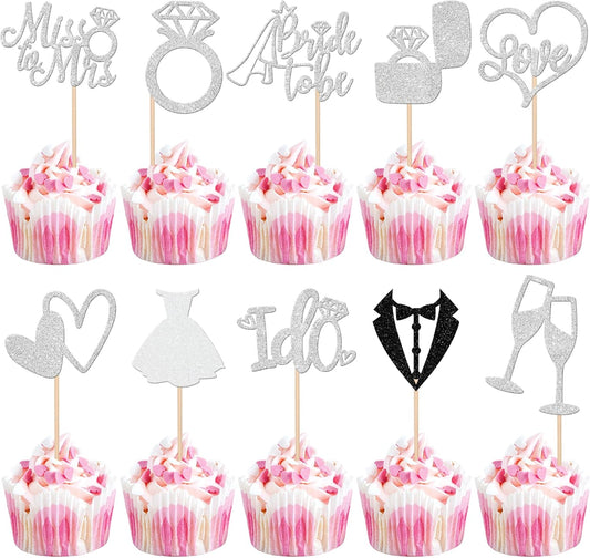 30 PCS Bride to Be Cupcake Toppers Glitter Wedding Cupcake Decorations I Do Love Heart Ring Miss to