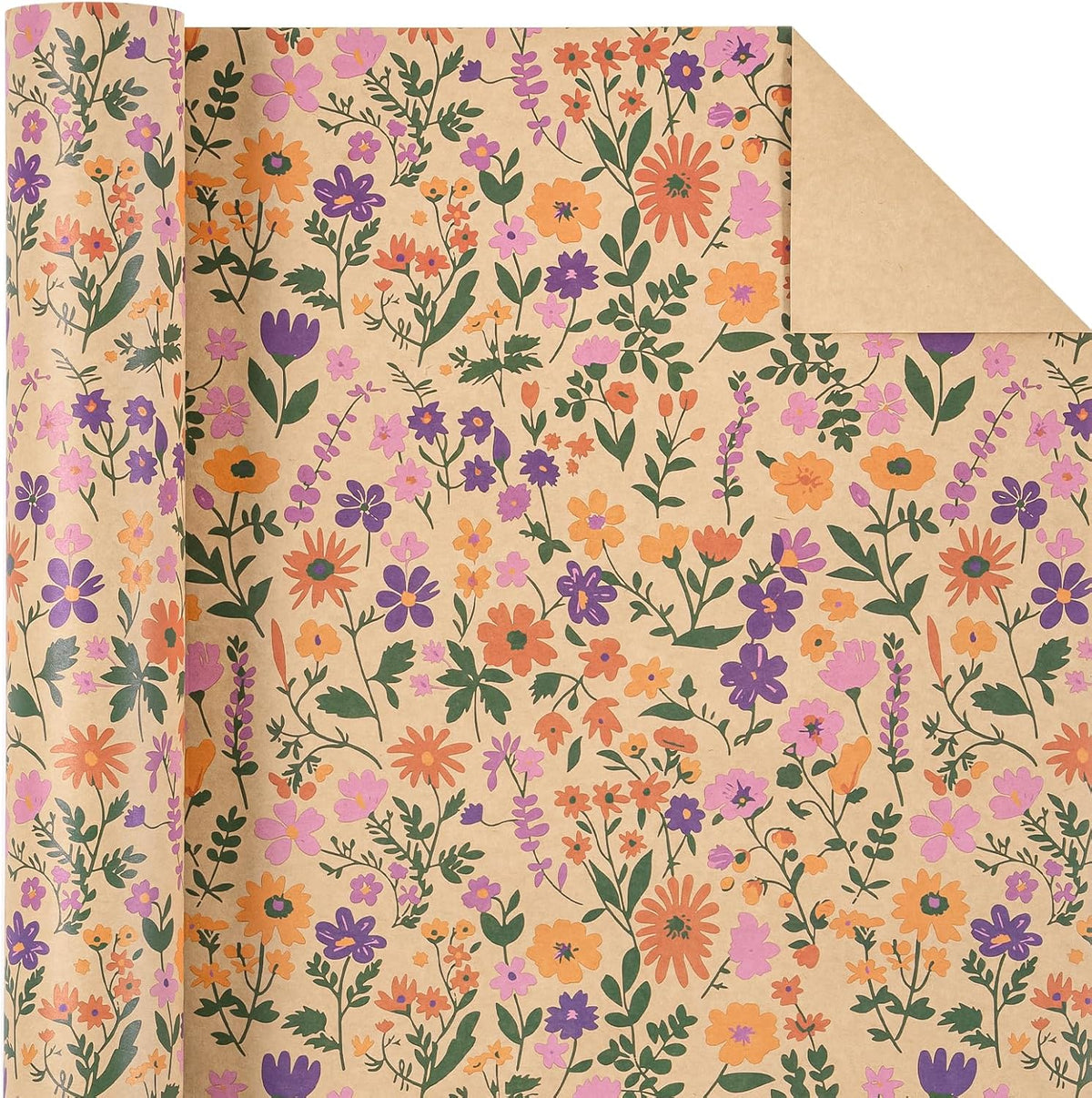 WRAPAHOLIC Kraft Floral Wrapping Paper Roll - Mini Roll - 17 Inch x 9.8 Feet - Vintage Flower