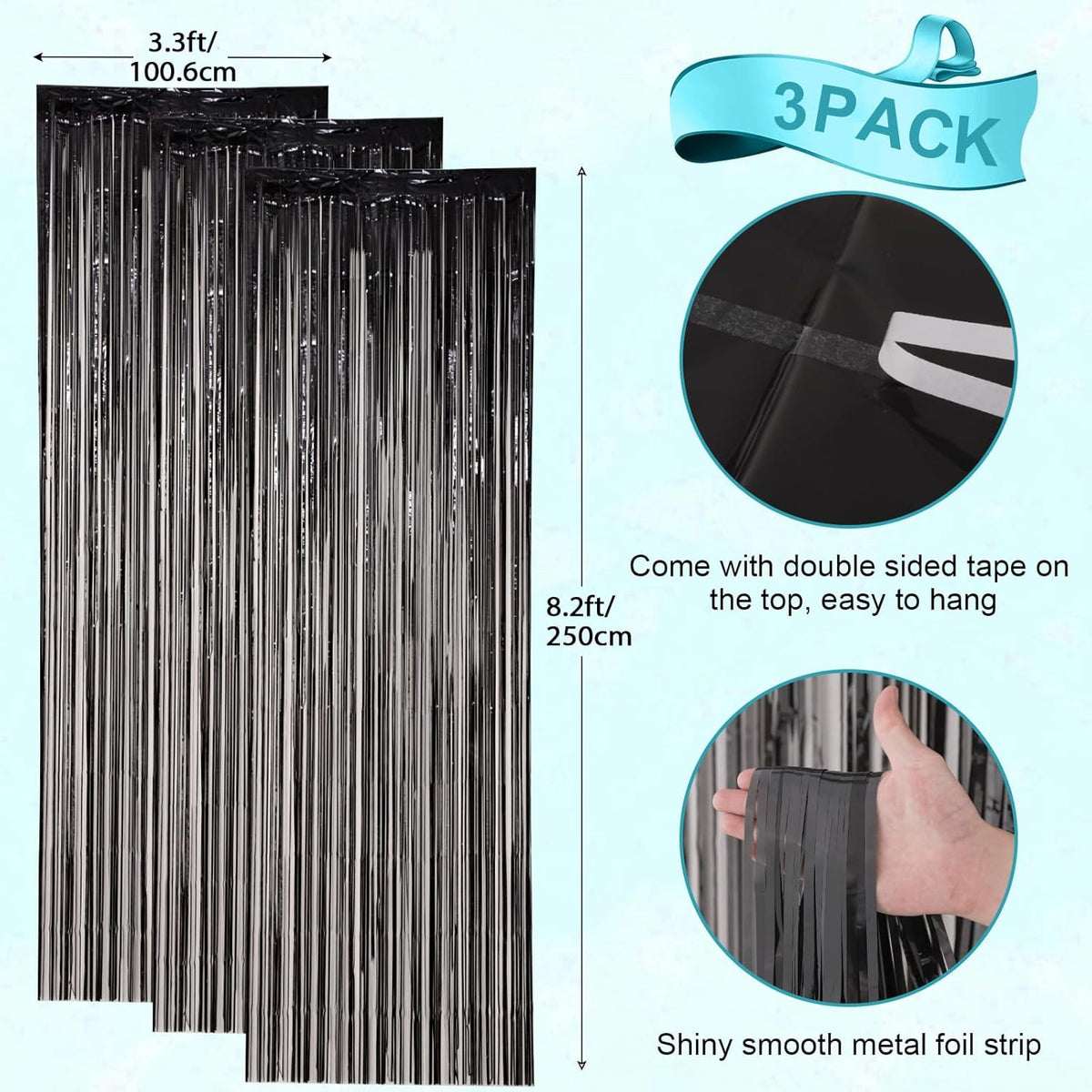 3 Pack 3.3x8.2 Feet Black Foil Fringe Backdrop Curtains, Tinsel Streamers Birthday Party
