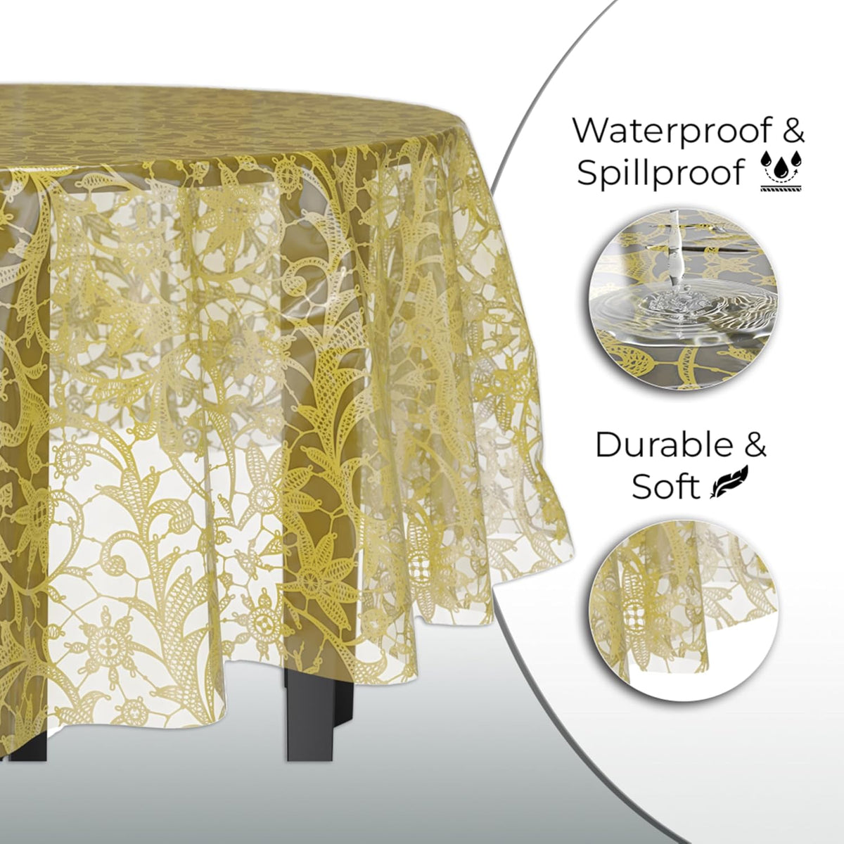 Exquisite Lace Table Cloth Round Table Plastic 12-Pack Lace Tablecloth Round 84" | Clear & Gold