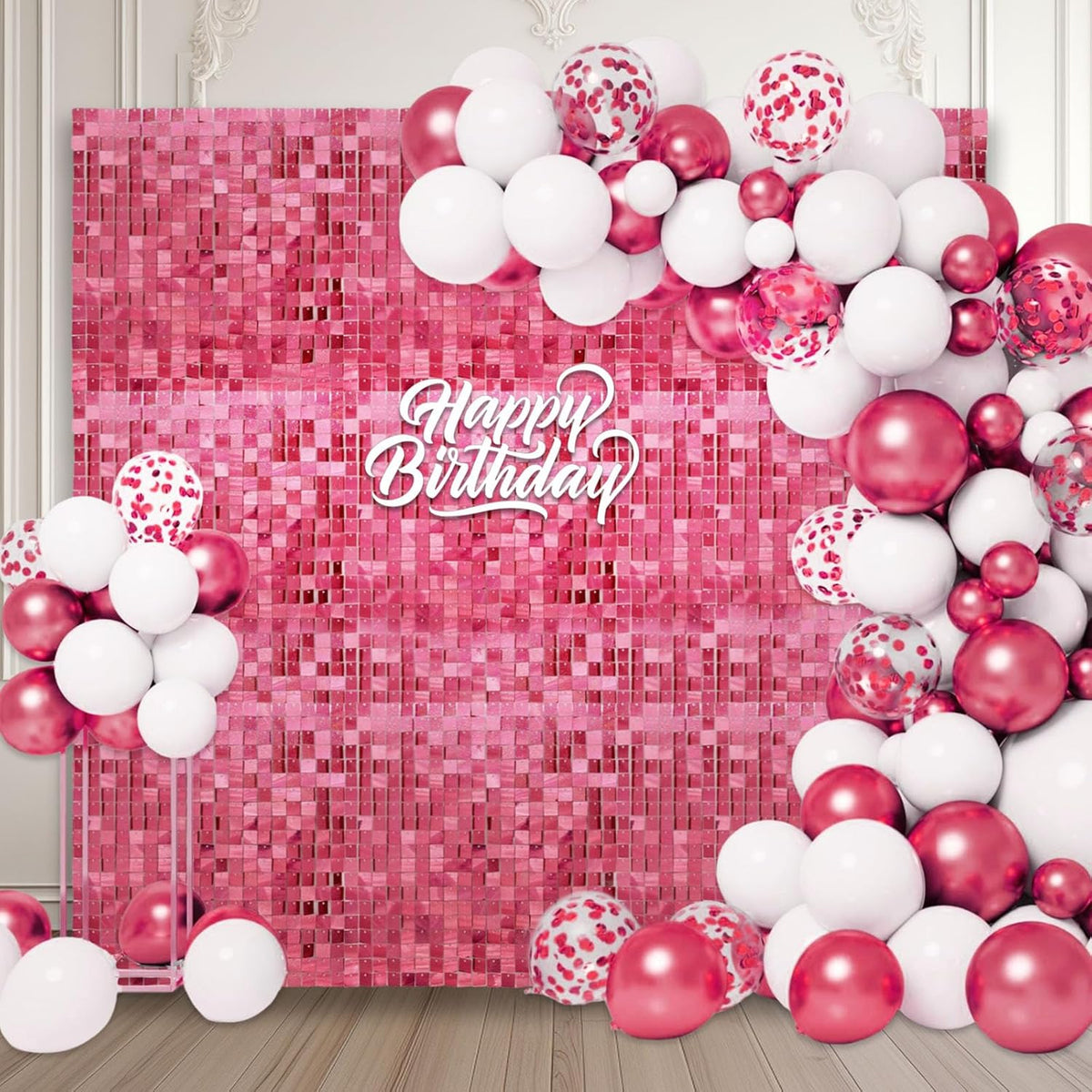 24PCS Deep Pink Shimmer Wall Backdrop, Laser Square Sequin Photo Backdrops Panel, Glitter Wall