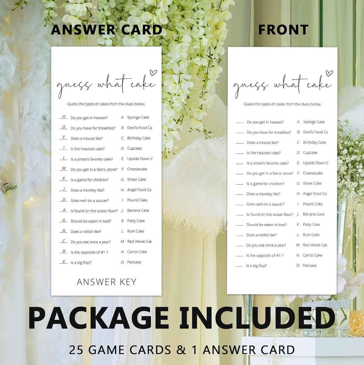 Bridal Shower Games, What Cake, 25Pcs 4x9inch Minimalist White Double-Sided Bridal Game Cards with