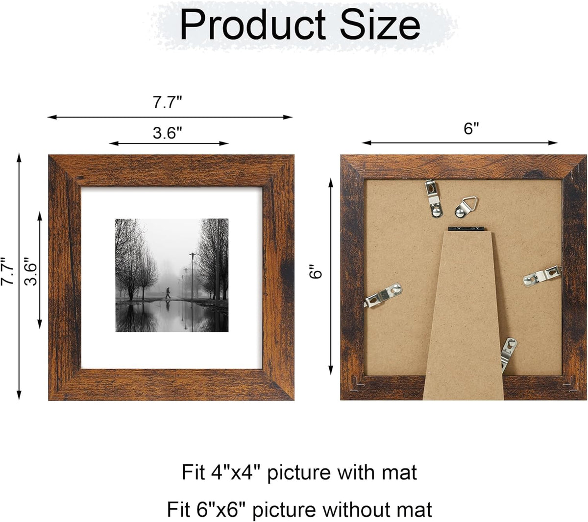 6x6 Picture Frame Set of 4 with Real Glass, Rustic Frames Display 4x4 Picture with Mat or 6 x 6